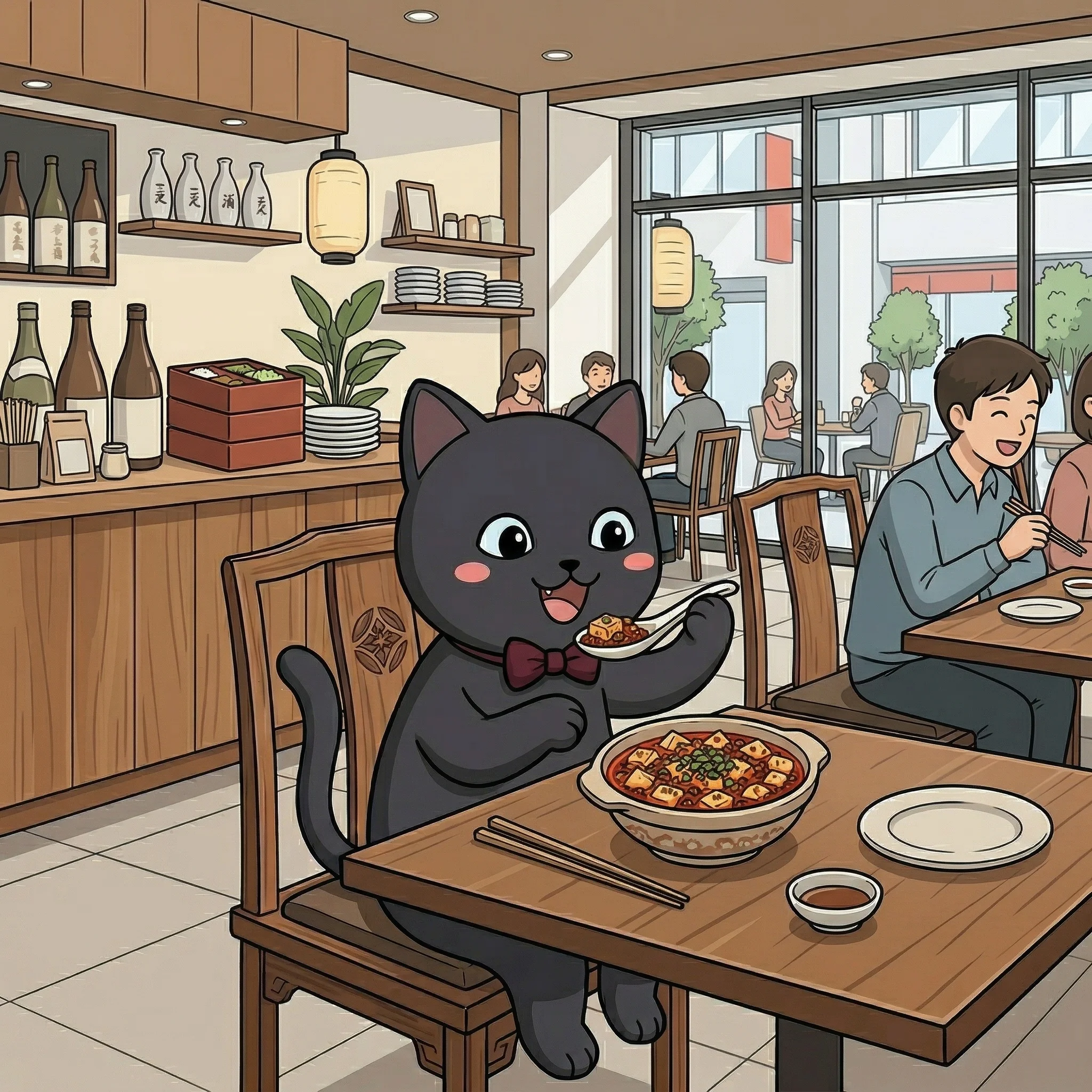 麻婆豆腐を前に喜ぶもふねこ