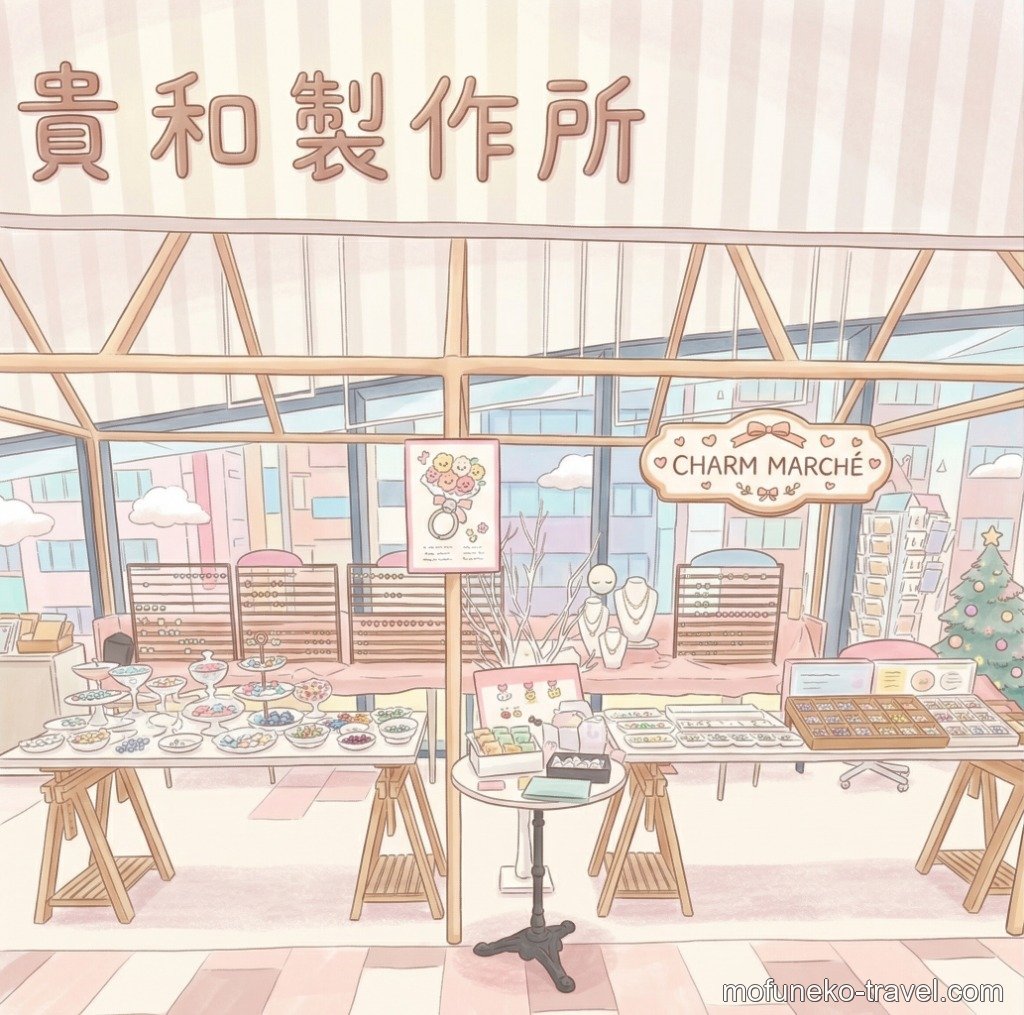 貴和製作所のエスカレーター前にある可愛いチャームマルシェのイラスト
