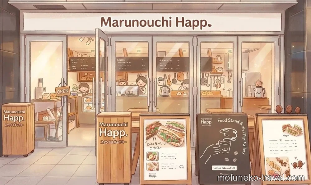 Marunouchi Happ.の外観。おしゃれなガラス張りのカフェスタンドと手書きの看板が並ぶ様子。