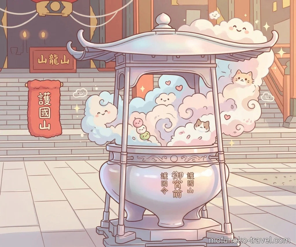 浅草寺の常香炉。線香の煙を体の悪いところに当てると良くなるといわれ、多くの参拝者が煙を浴びている。