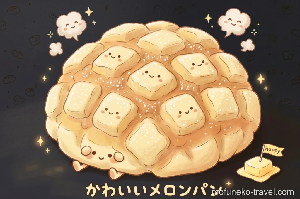 かわいい表情が描かれたフワフワのメロンパンのイラスト