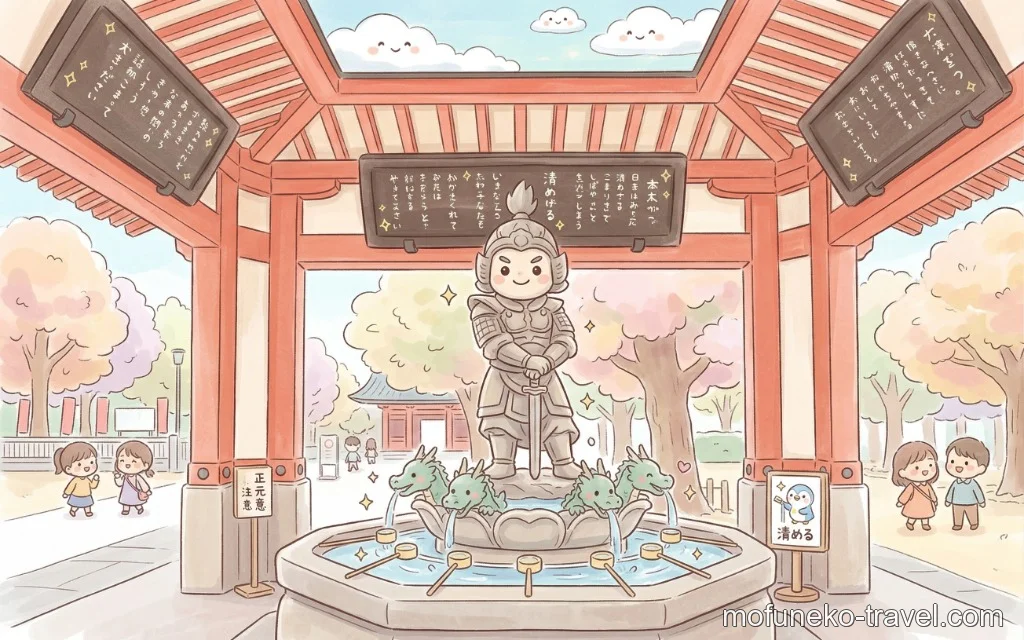 浅草寺の参拝前に手を清めるためのお水舎（手水舎）。龍の口から清水が流れる伝統的な造り。