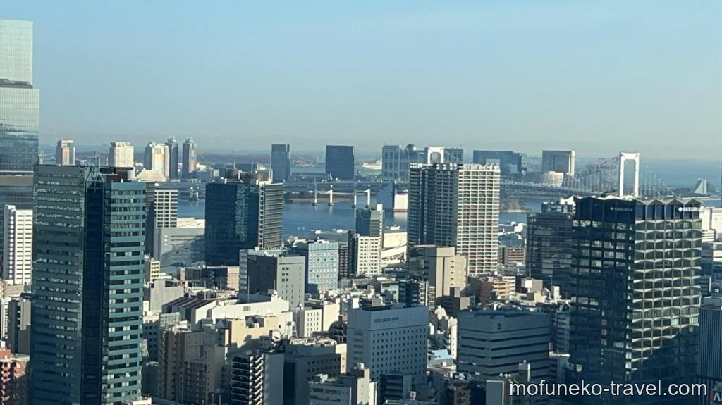 フジテレビの丸い球体展望台と遠くに見えるレインボーブリッジ
