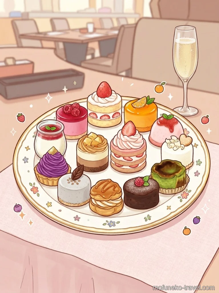 もふねこが記憶を頼りに描いた最高に可愛いスイーツ盛り合わせとスパークリングワインのイラスト