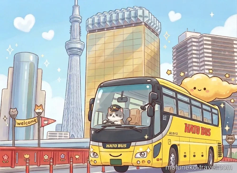 東京の街並みを走る黄色いはとバスのイラスト