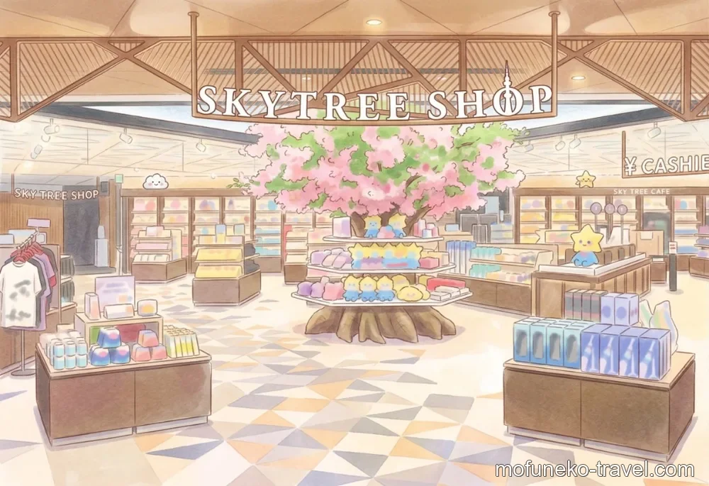 桜の装飾や多彩なオリジナルグッズが並ぶ華やかなSKYTREE SHOPの店内
