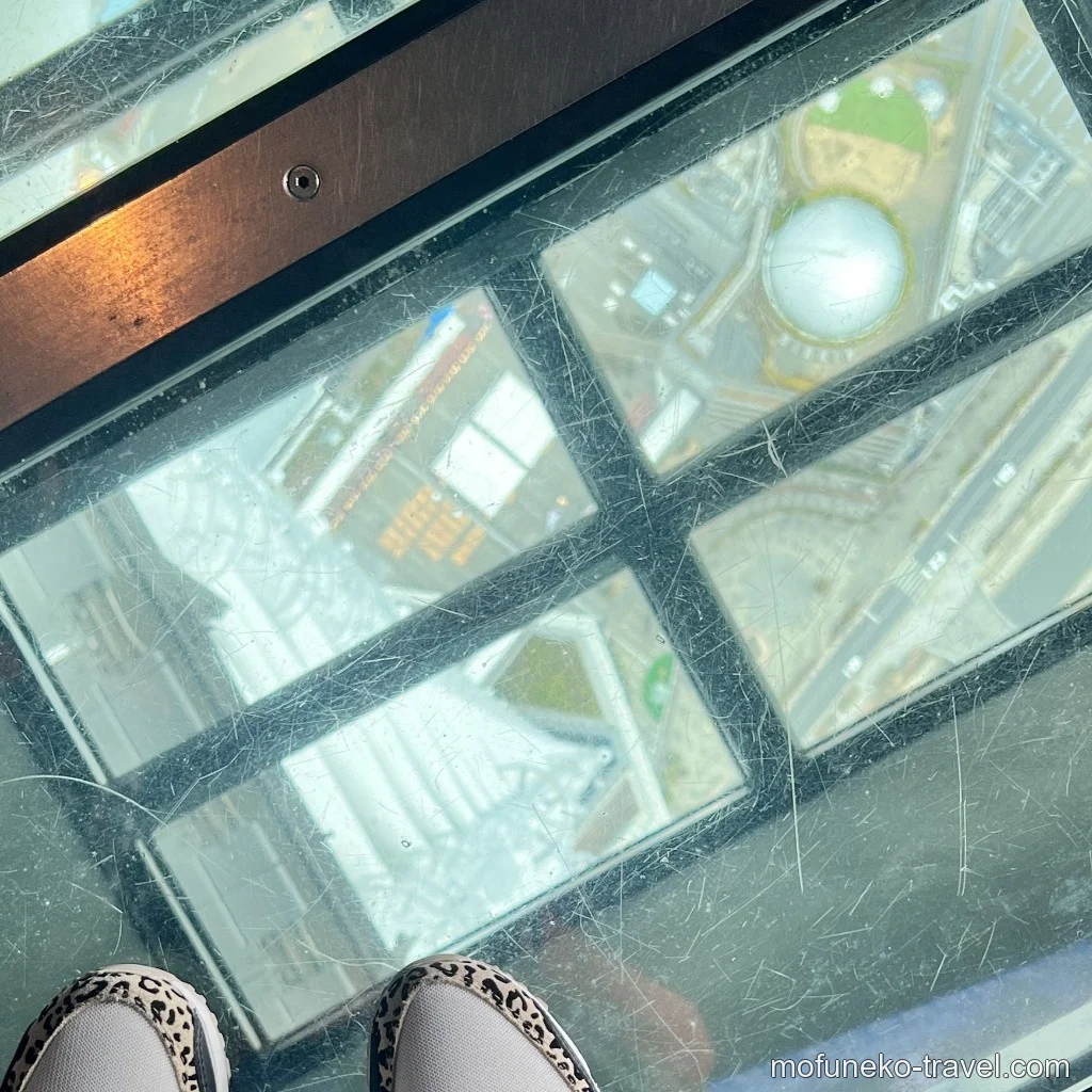 スカイウォークウィンドウにつま先だけ乗せている怖がっている写真