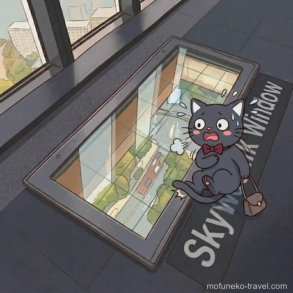 スカイウォークウィンドウで恐怖のあまりへっぴり腰になっているもふねこのイラスト