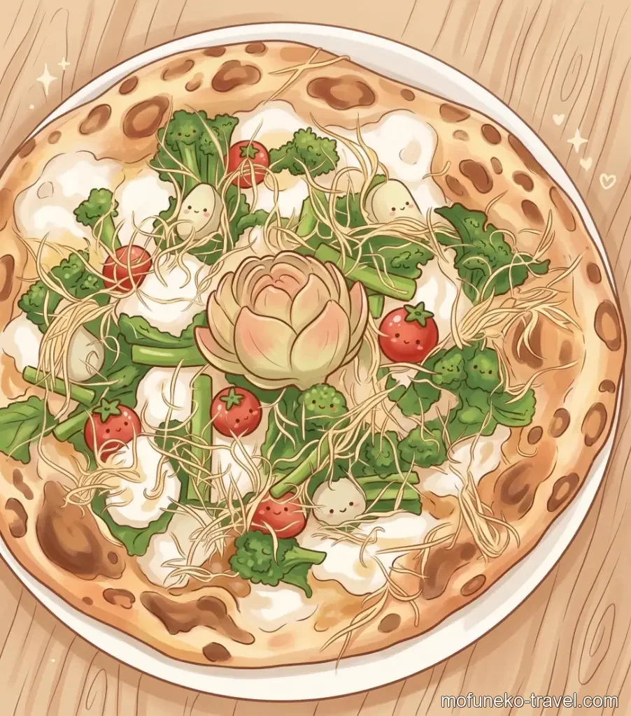 葡萄房の季節の山菜とドライトマトのピザ