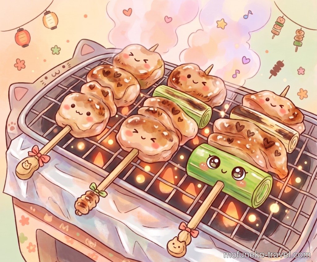 炭火で香ばしく焼き上がる焼き鳥のイラスト