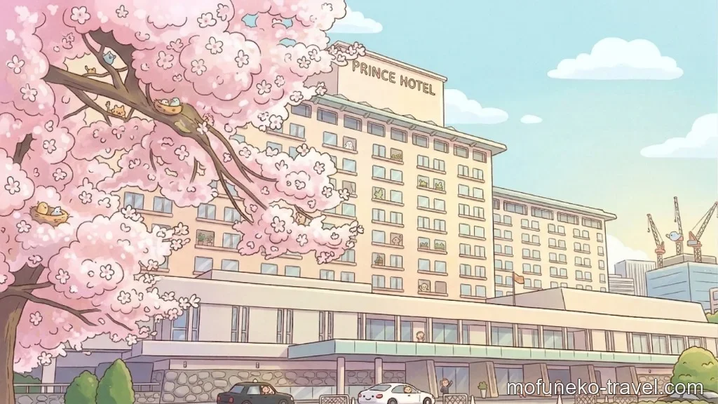 東京プリンスホテル 外観イラストと桜