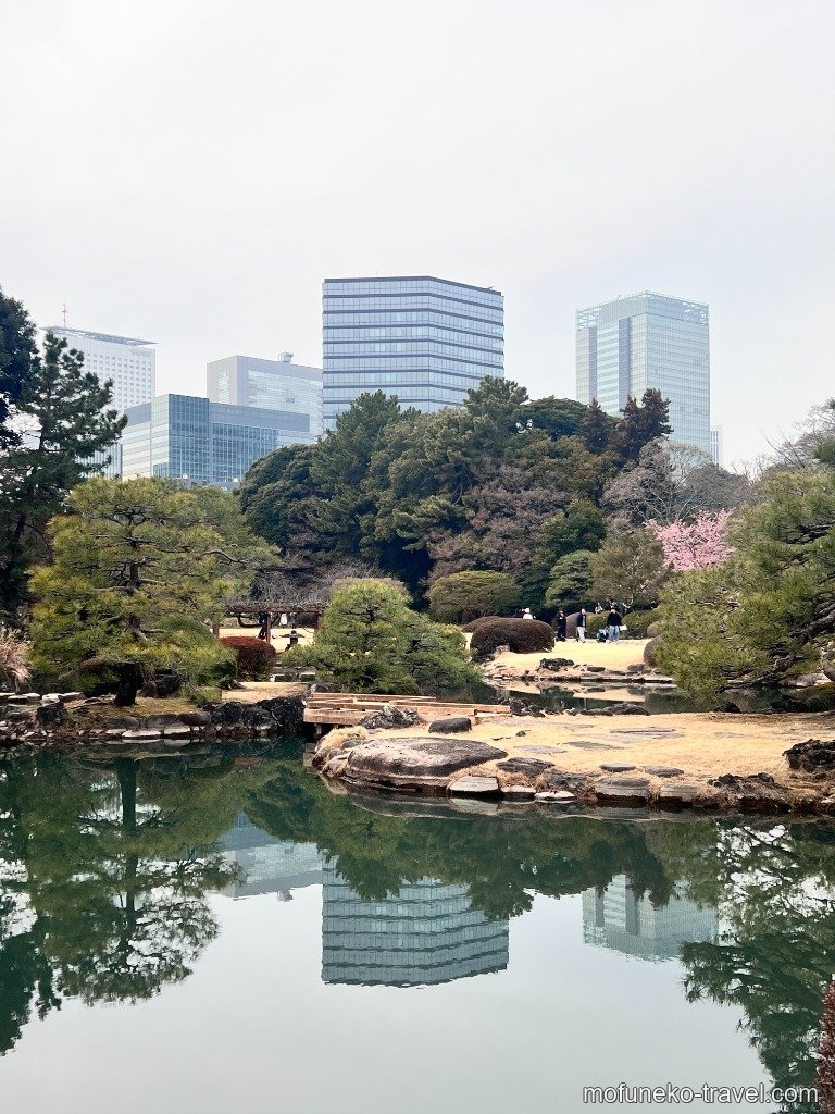 日本庭園の太鼓橋と雪見灯籠